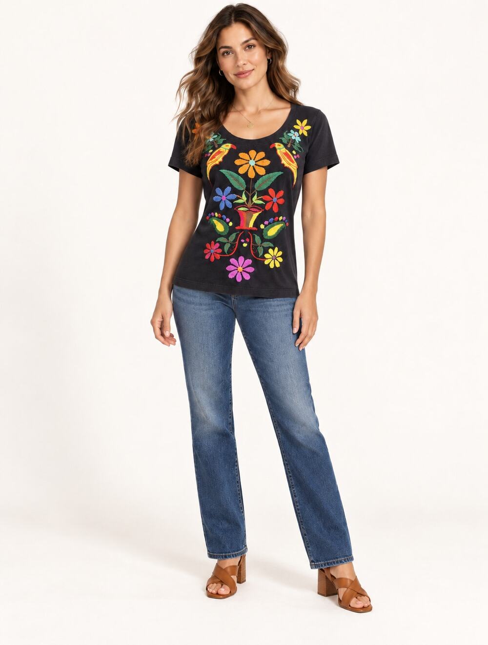 Johnny Was JWLA Black Embroidered Floral Bird Love Tee Shirt Top Small
